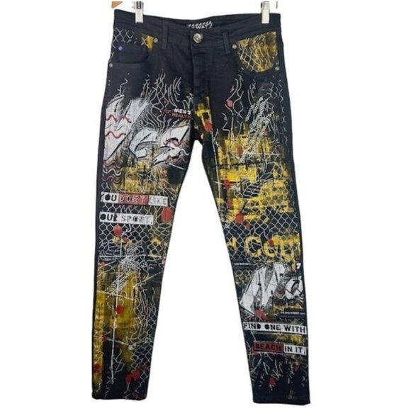 XWay Sernes Mens Graphic Denim Jeans Black & Yellow Size 32 MOD: 6104 Y2K VTG - Picture 2 of 12